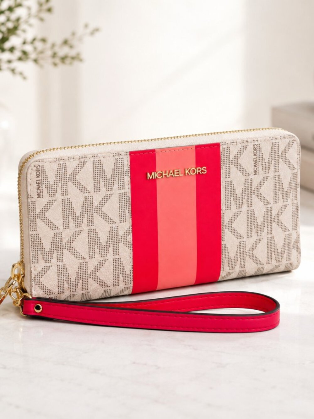 Michael Kors MK Logo Zip Around Phone Wallet Pink Stripe NWT